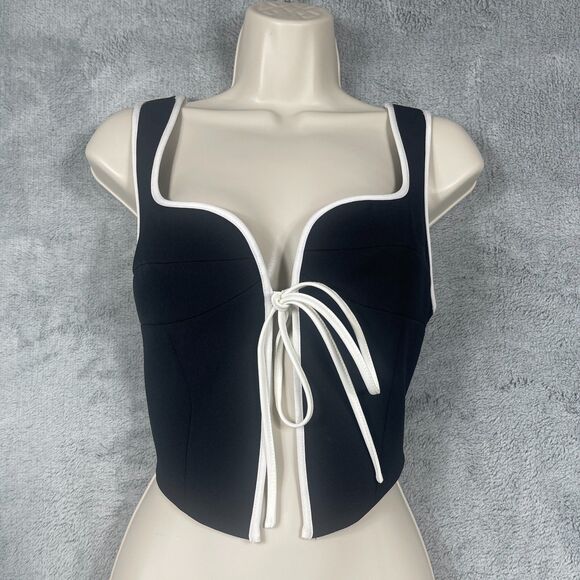 Rumored Crop Top Womens Large Black Stretch Sleeveless Sweetheart Neck Tie Front - Picture 1 of 13